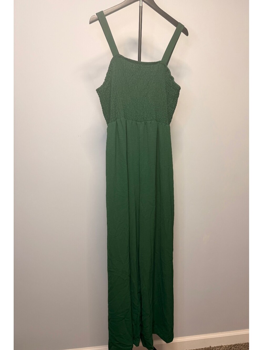 Green Wide Leg Jumpsuit with Smocked Top and Adjustable Straps